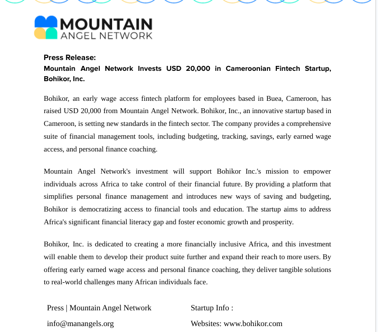 Mountain Angel Network Backs  Bohikor Inc. with 20,000 USD to Expand Early Wage Access Platform.